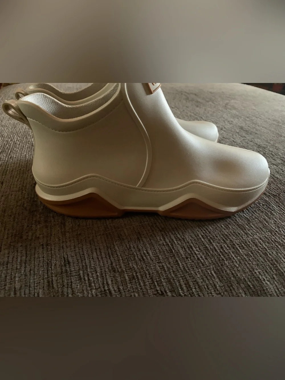 Cream Ankle Rain Boots with Tan Sole